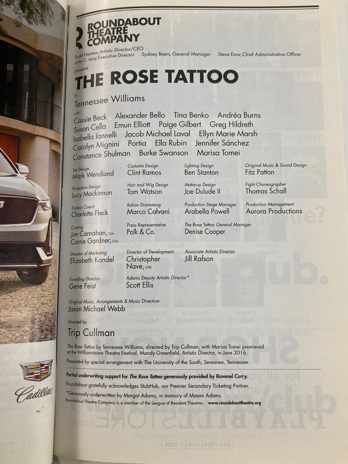The Rose Tattoo page from the Playbill, detailing the cast and creative team of Tennessee Williams' play, highlighting key contributors and artistic direction.