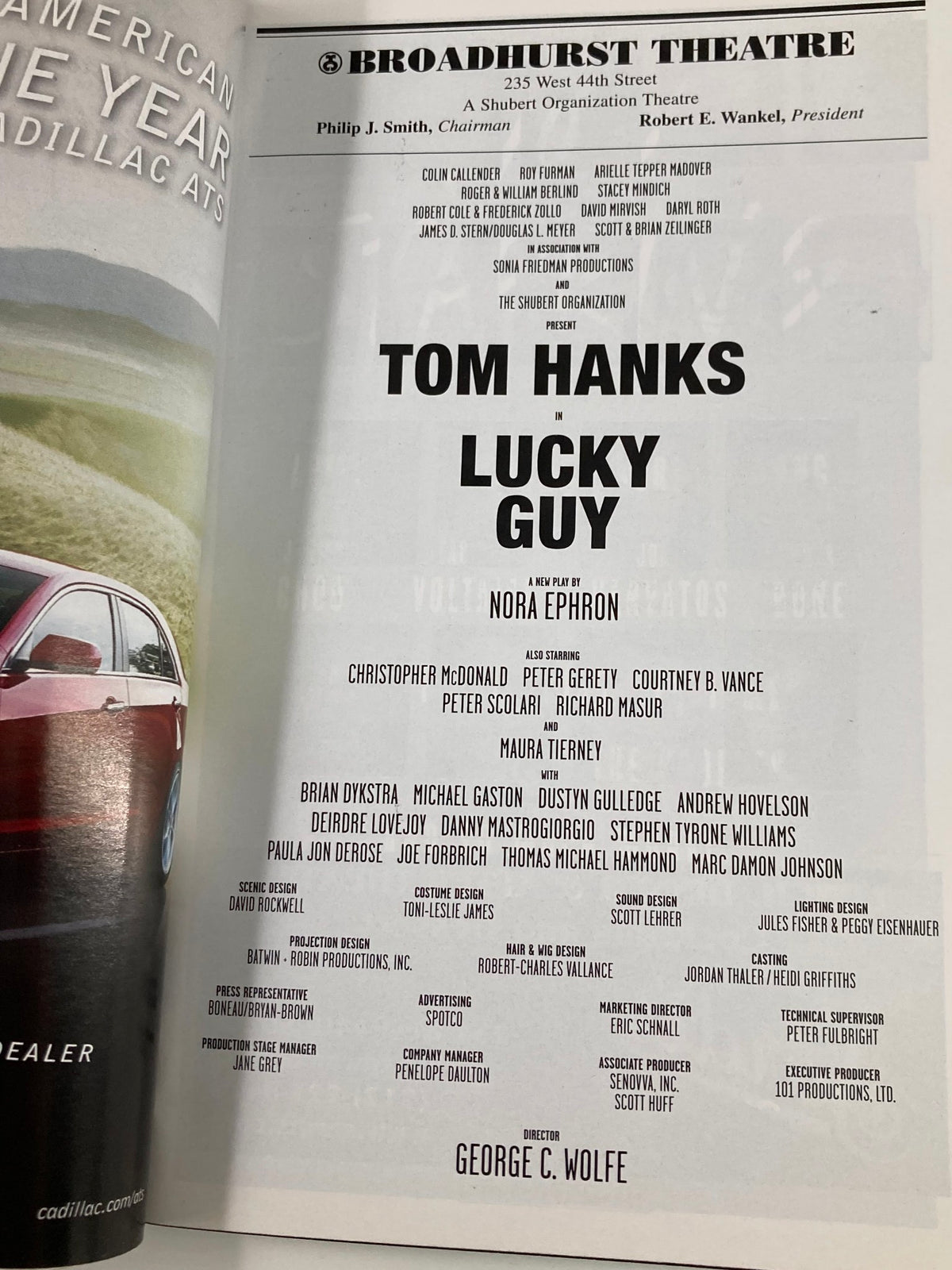 Main cast listing for Tom Hanks in Lucky Guy by Nora Ephron in the 2013 Playbill at Broadhurst Theatre, highlighting key actors and creative team.