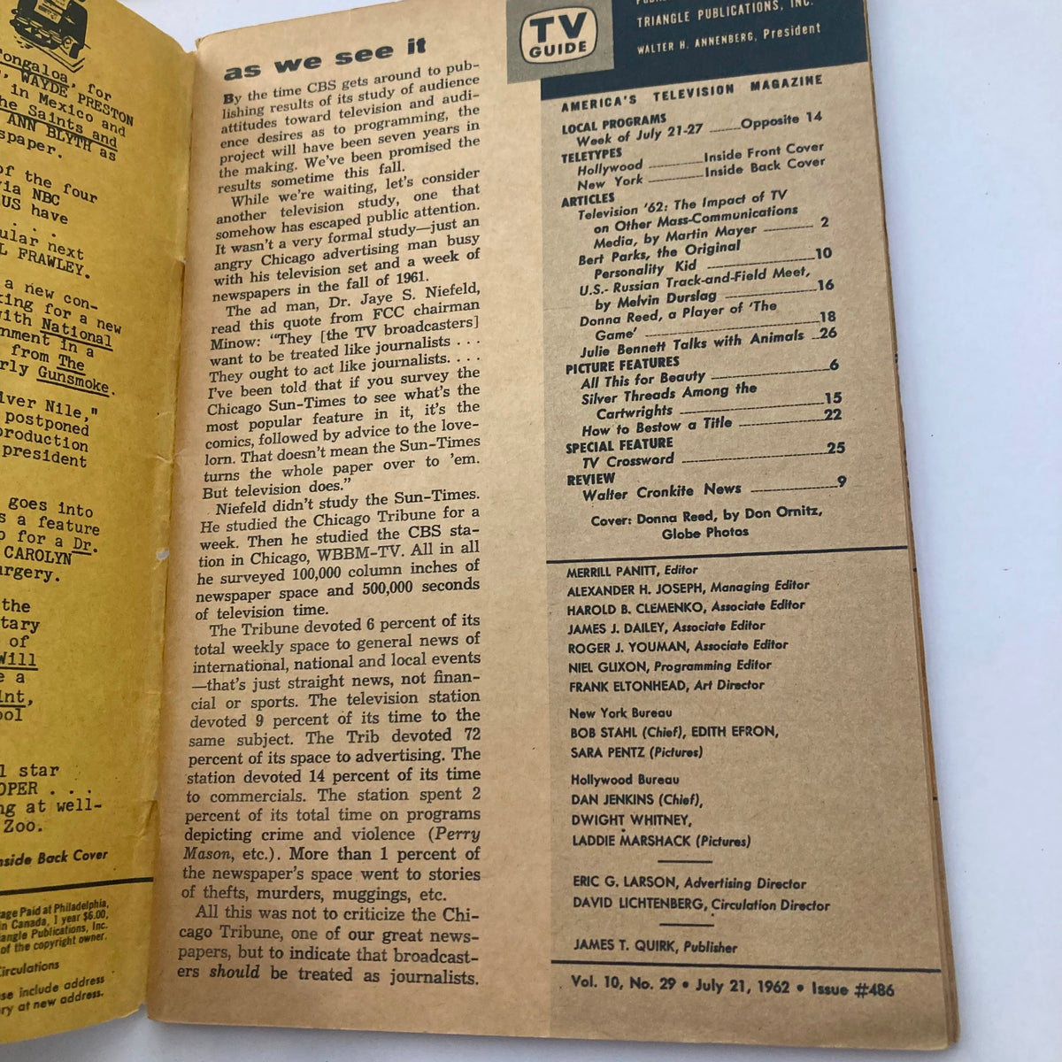 Inside page of TV Guide Magazine July 21 1962 #486 highlighting articles and features about television programs and personalities.