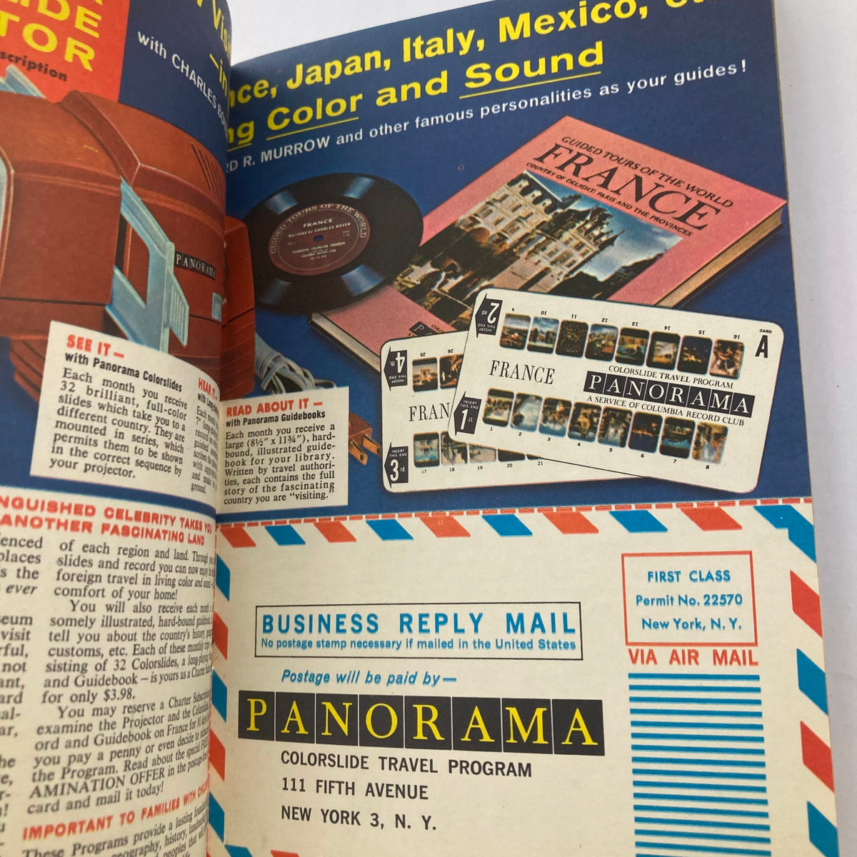 Another inside page of TV Guide Magazine, January 7, 1961, issue #406 featuring advertisements, including a promotion for travel guidebooks and a business reply mail section.