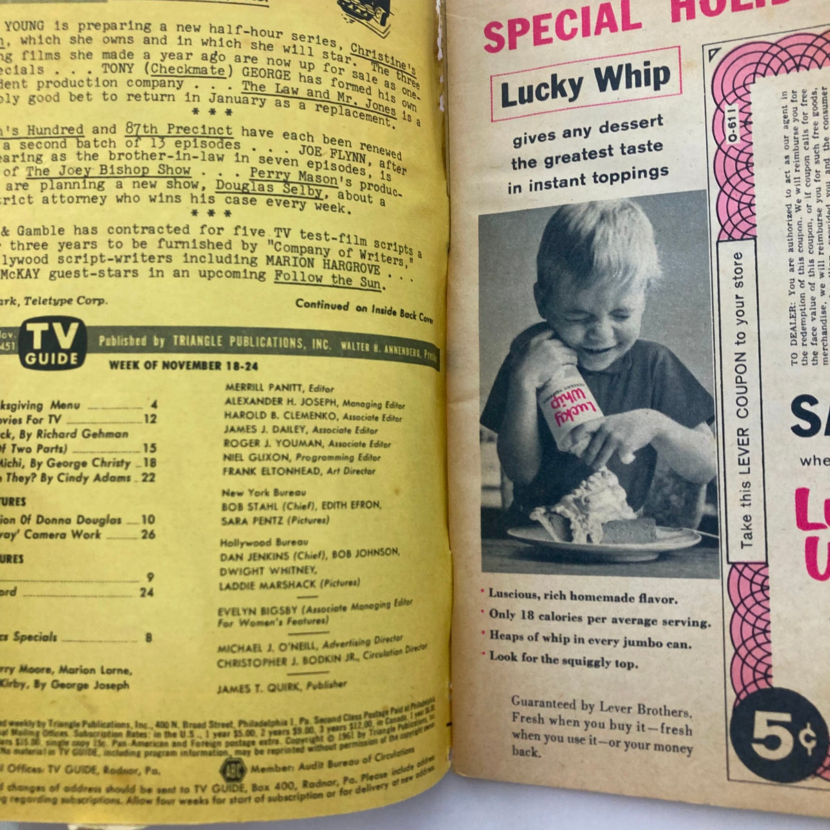Inside page of TV Guide Magazine, November 18, 1961, displaying content about holiday specials and an advertisement for Lucky Whip dessert topping.