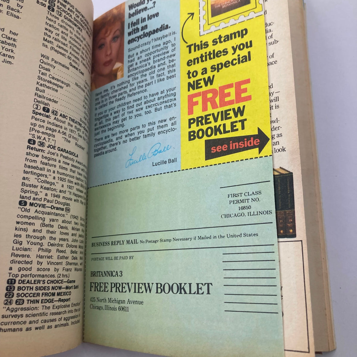 Another interior page of TV Guide Magazine April 12, 1975, displaying advertisements and articles alongside previews of television content, featuring a promotion for a free preview booklet.