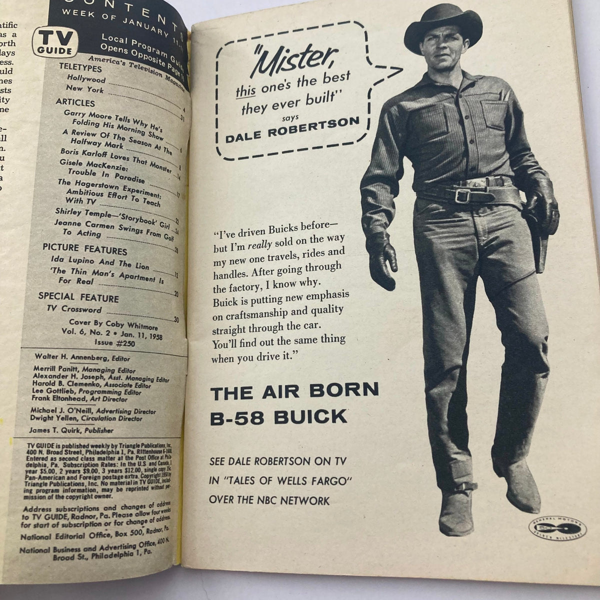 Interior page of TV Guide Magazine January 11 1958 #250, featuring an advertisement with Dale Robertson promoting Buick and discussing craftsmanship.