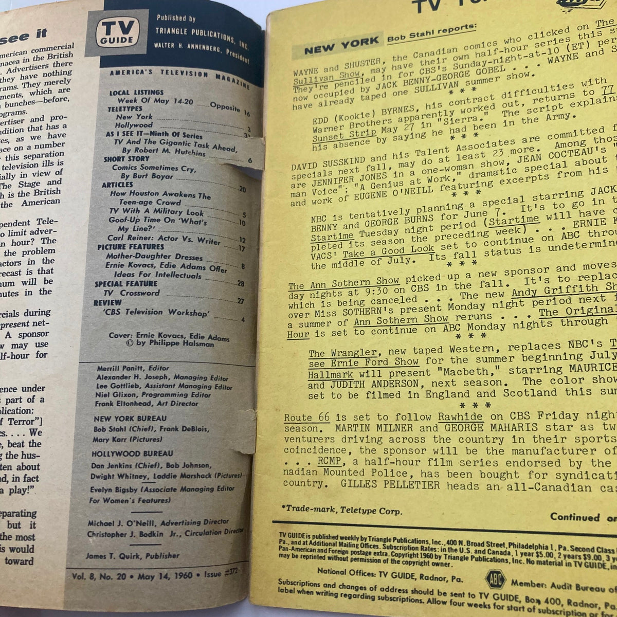 Inside pages of TV Guide Magazine May 14, 1960, issue #372, highlighting local listings and featuring Ernie Kovacs and Edie Adams. A glimpse into television history.