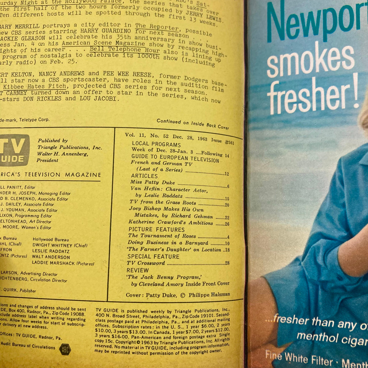 Inside page of TV Guide Magazine December 28 1963 #561 showing local programs and articles including feature on Patty Duke. A nostalgic look back at television.