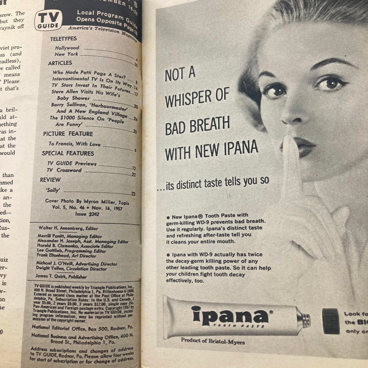 Inside page of TV Guide Magazine from November 16, 1957, issue #242 featuring an advertisement for Ipana toothpaste, showcasing vintage advertising style and references to popular culture of the era.