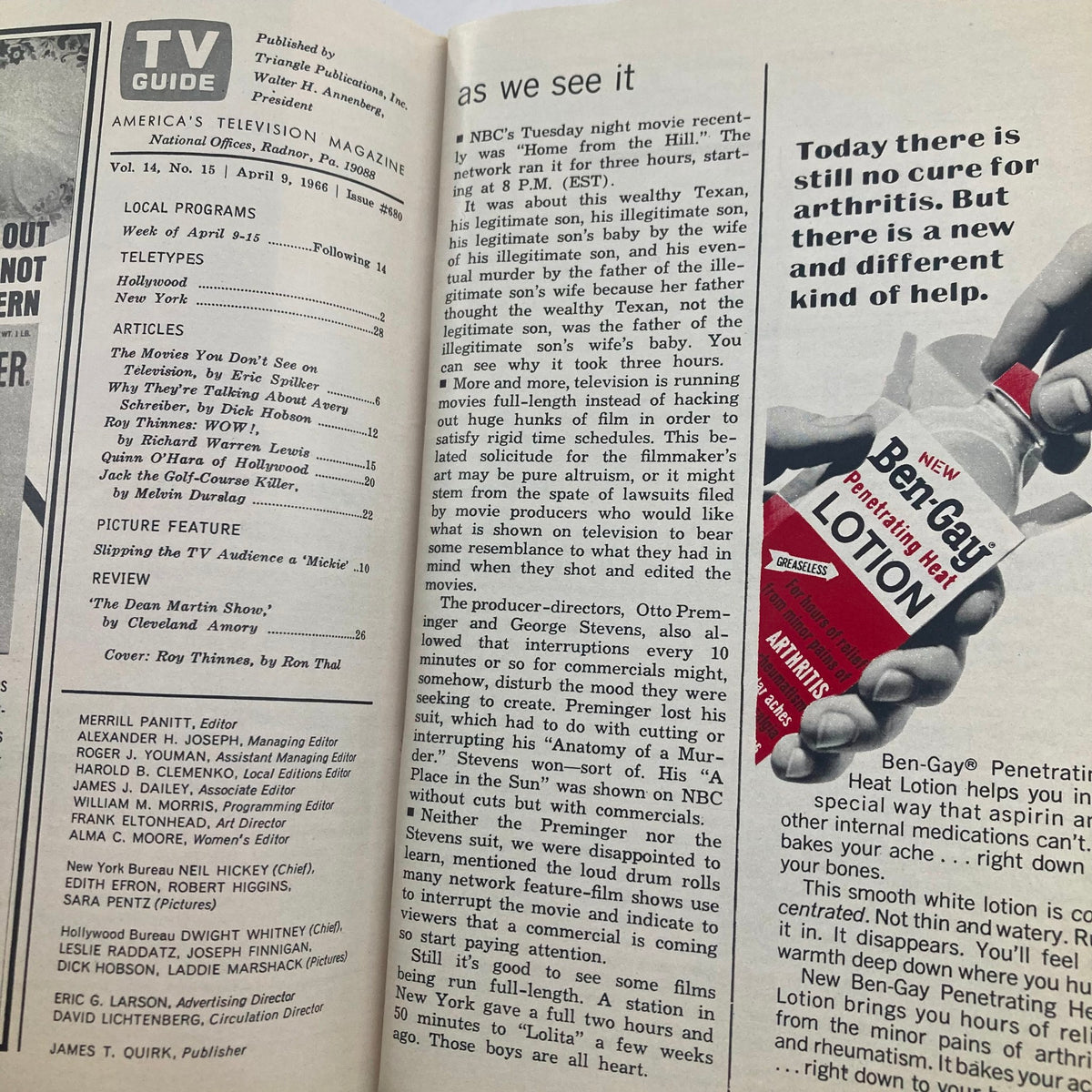 Interior page of TV Guide Magazine April 9 1966 with articles including insights about television shows and a feature on Roy Thines.
