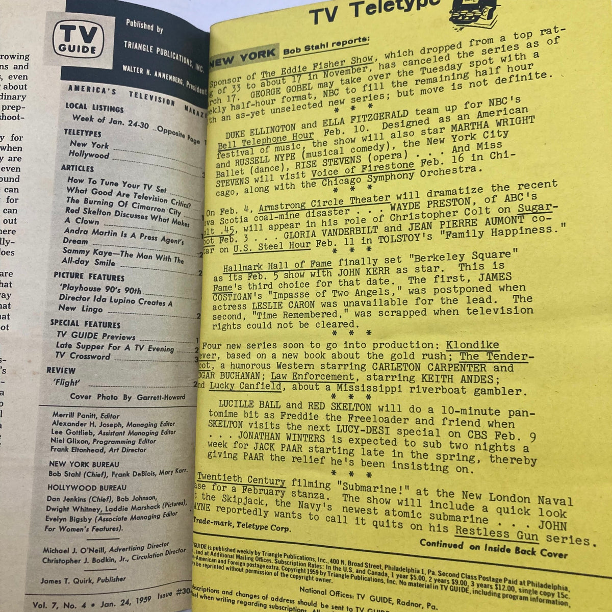 Inside page of TV Guide Magazine January 24 1959 Vol 7 No. 4 displaying local listings and articles, highlighting the era's television programming and feature stories.