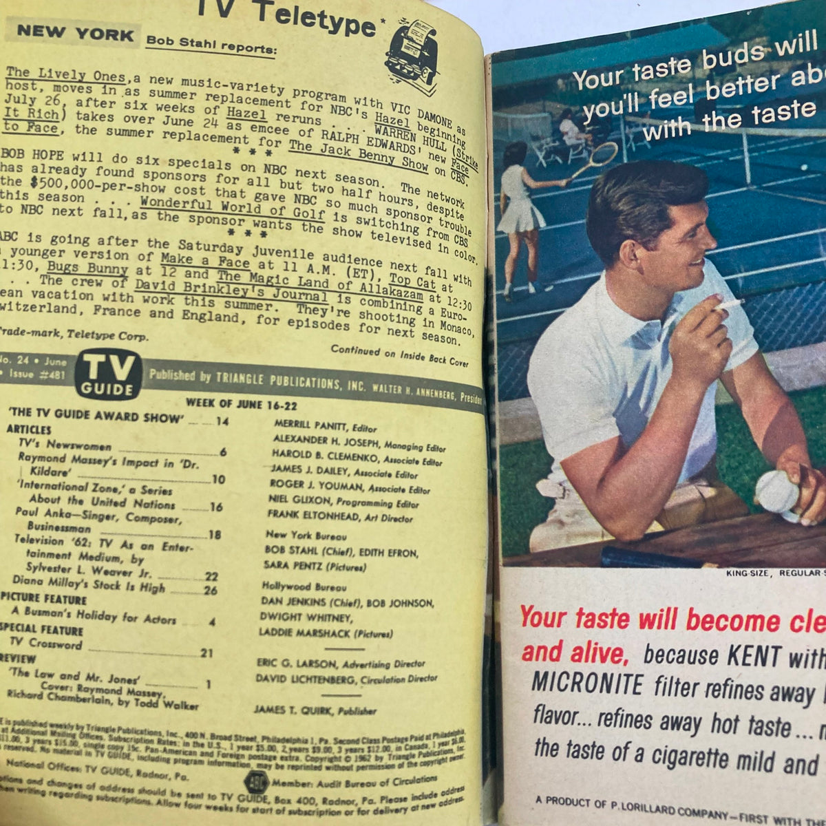 Inside page of the TV Guide Magazine from June 16, 1962, displaying TV programming details and advertisements, highlighting vintage entertainment.