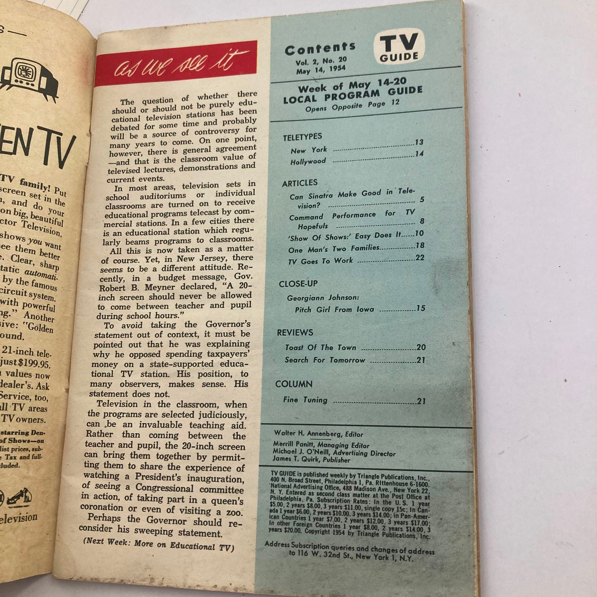 Inside page of TV Guide Magazine May 14 1954, displaying the contents page including articles and local program listings.