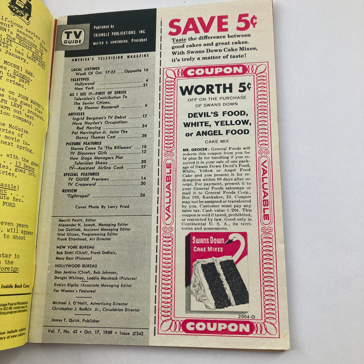 Inside page of the TV Guide Magazine from October 17, 1959, issue #342, displaying the table of contents and an advertisement for Swans Down Cake Mix.