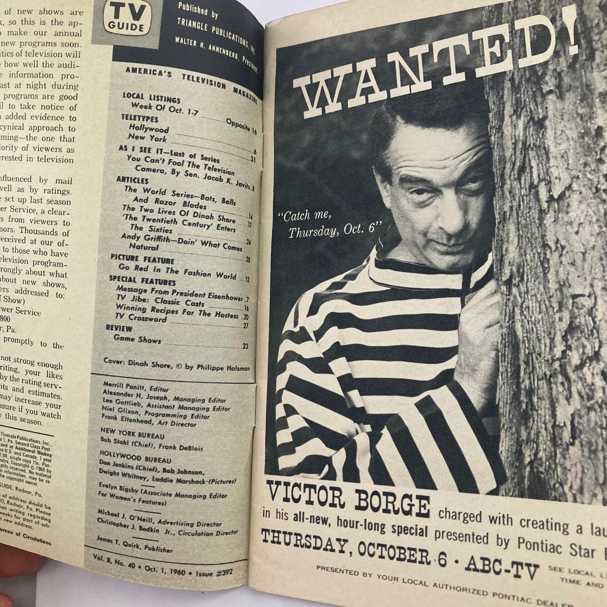 Interior page of TV Guide Magazine October 1 1960 #392 displaying local listings and articles, including a feature on comedian Victor Borge.