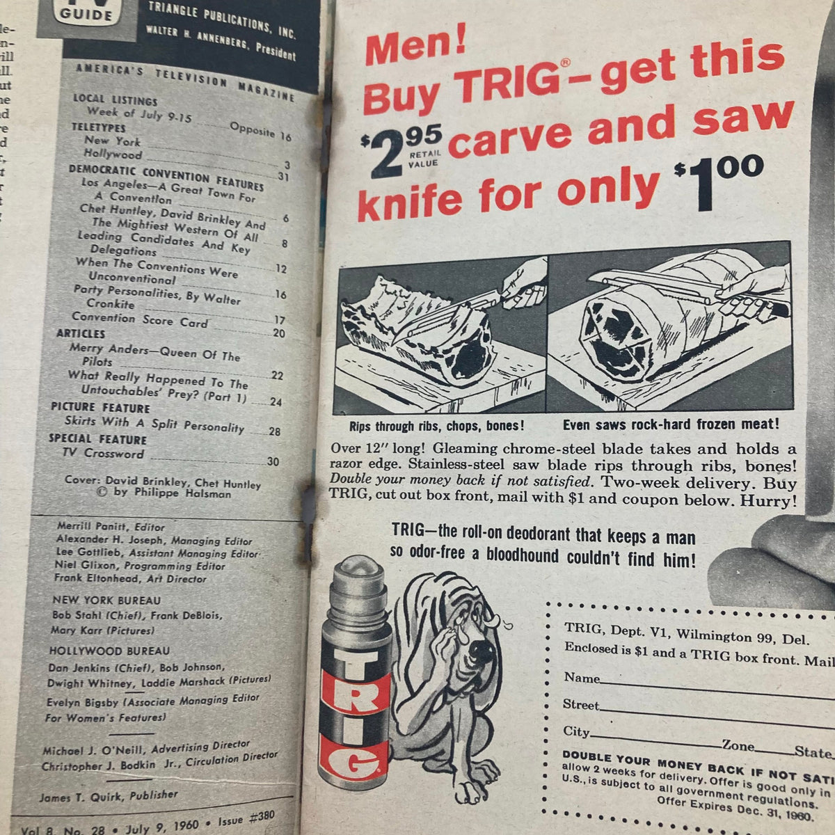 Another inside page of TV Guide Magazine July 9, 1960, featuring advertisements including a product offer for a TRIG carving and saw knife.
