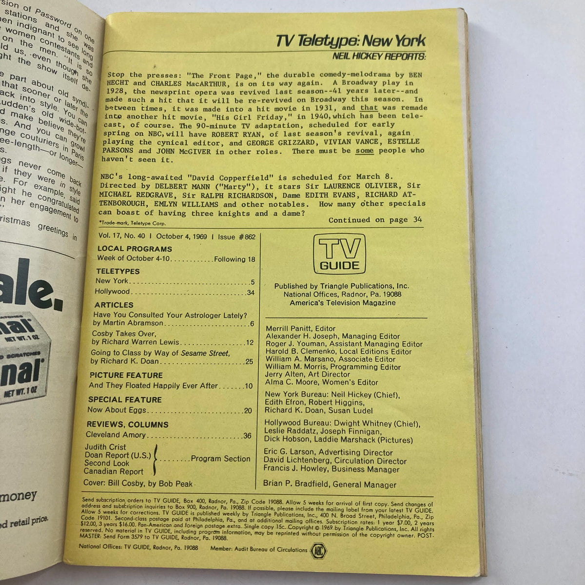 Inside page of TV Guide Magazine October 4, 1969, showcasing the magazine's index and key features with a focus on television programs and articles.