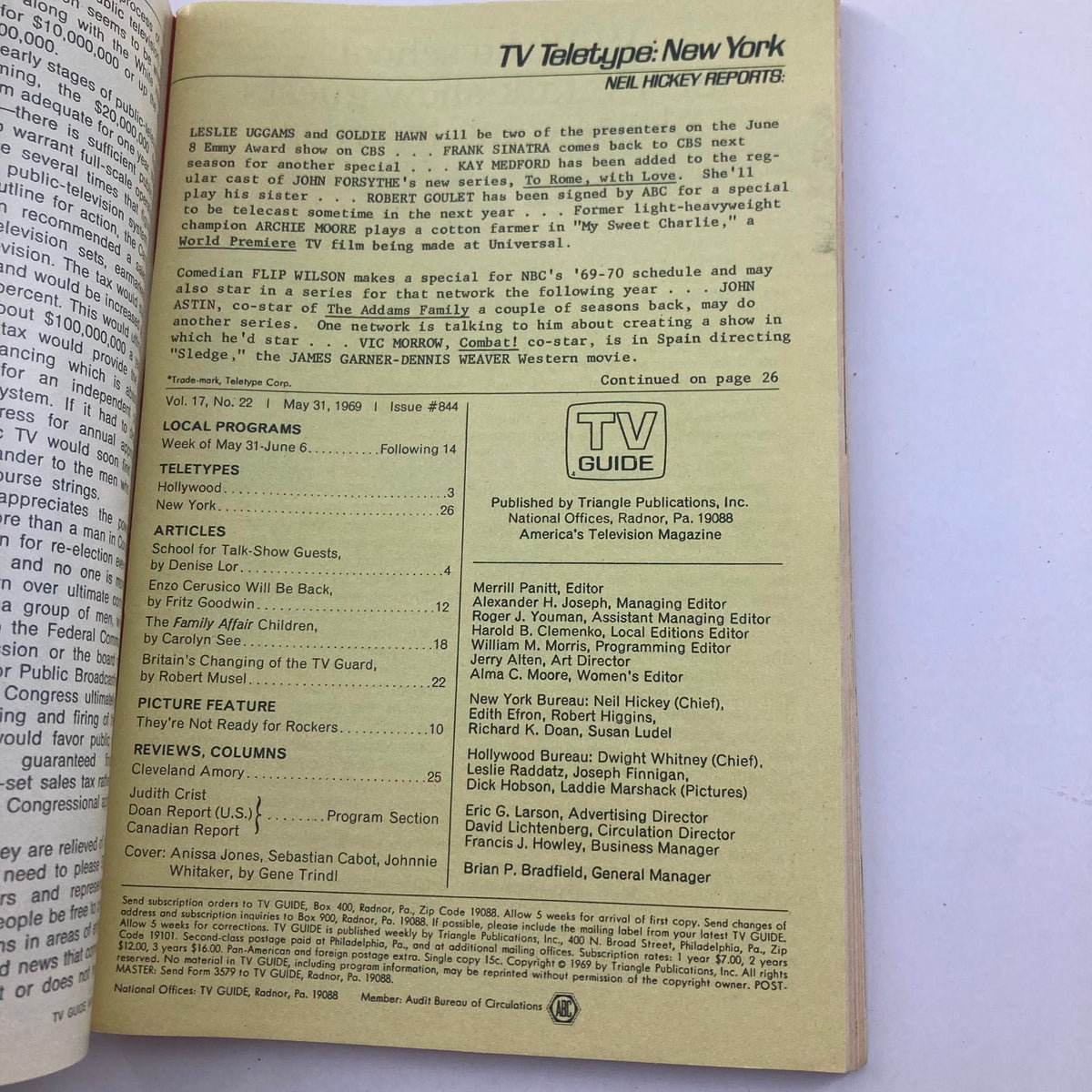 Inside page of TV Guide Magazine May 31 1969 #844, featuring articles and listings relevant to the television landscape of the late 1960s.