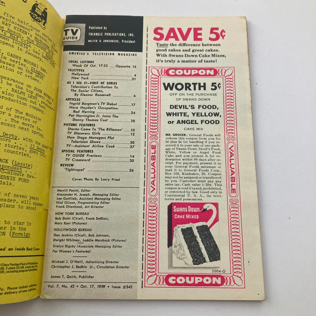 Interior page of TV Guide Magazine October 17 1959 #342 featuring listings and a coupon for Swans Down Cake Mix. Perfect for collectors of vintage television memorabilia.