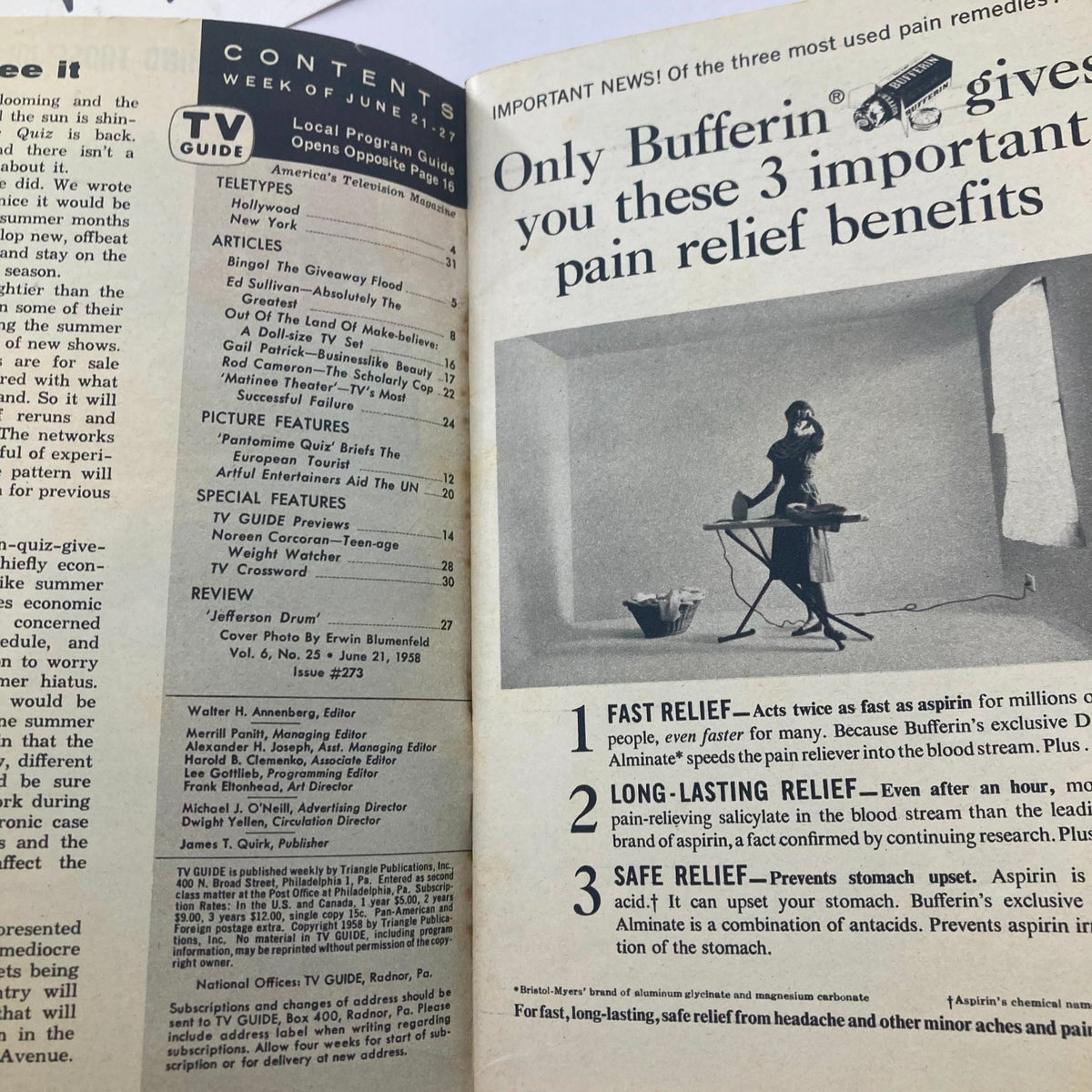 TV Guide Magazine June 21 1958 featuring contents page with articles including Ed Sullivan and pain relief advertisement.