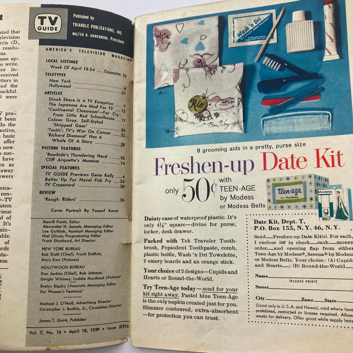 TV Guide Magazine April 18 1959 featuring an advertisement for the Freshen-up Date Kit by Modess, showcasing various grooming aids in a purse-sized waterproof case.