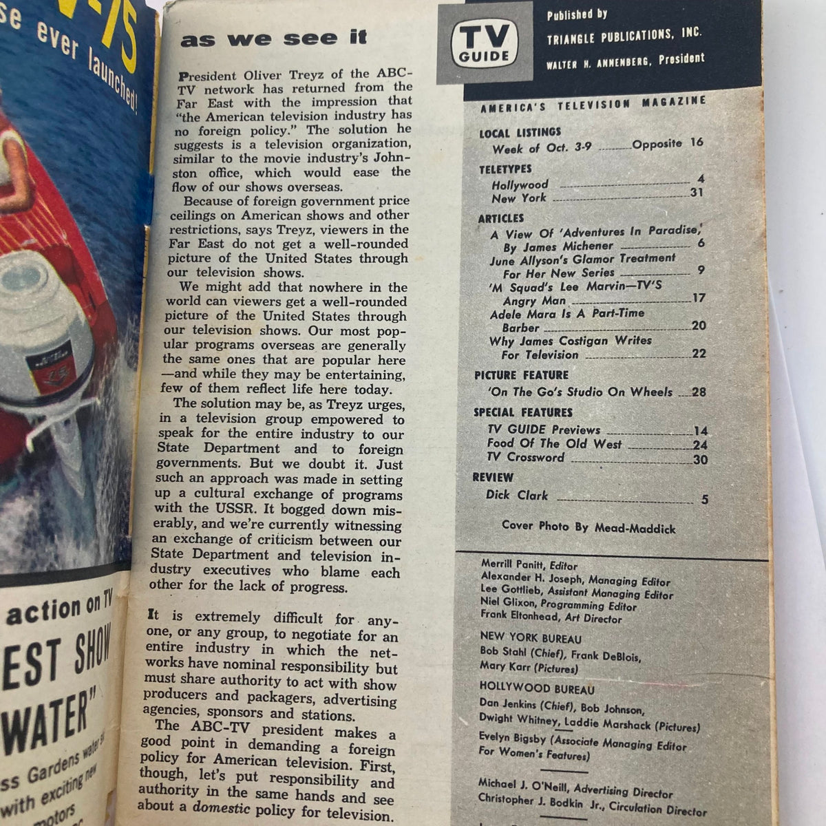 Interior page from TV Guide Magazine dated October 3, 1959 featuring articles and local television listings. Highlighted topics include June Allyson's glamour treatment for her new series and a editorial on foreign broadcasting policies.