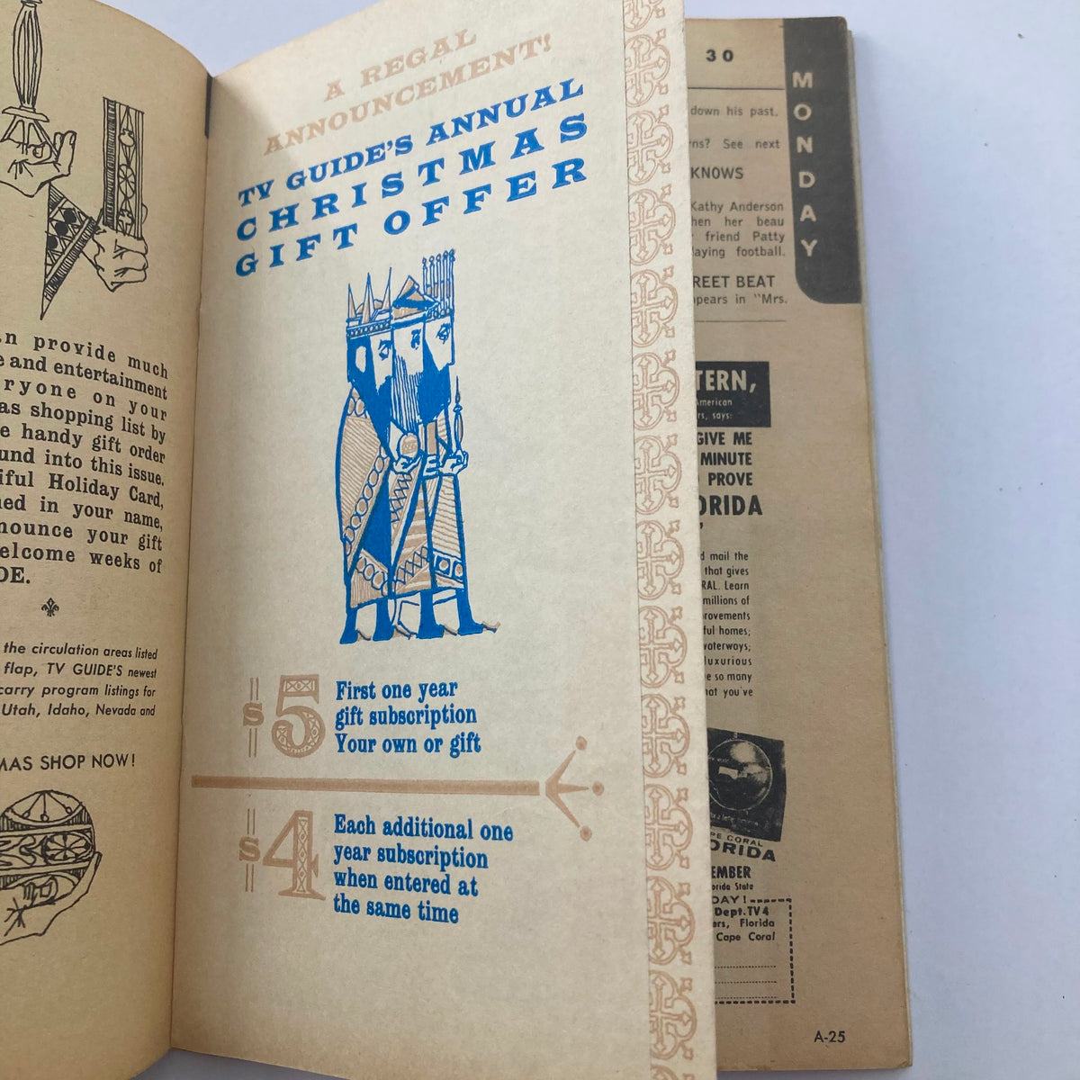 TV Guide Magazine November 28 1959, featuring a Christmas gift subscription offer with decorative illustrations, showcasing subscription pricing details and promotional art.