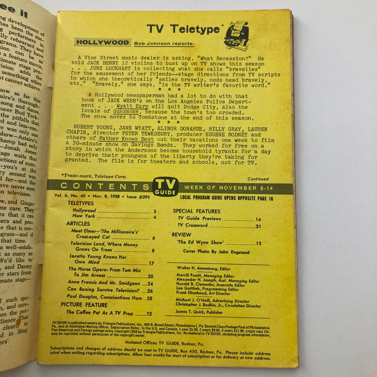 Interior page of the TV Guide Magazine November 8 1958 displaying TV Teletype and contents, highlighting articles and features from the issue.