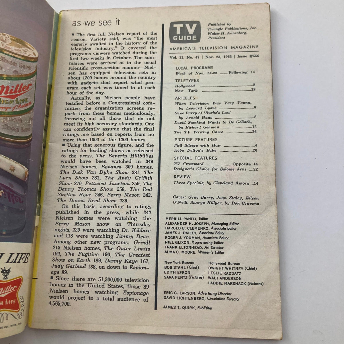 Inside page of TV Guide Magazine November 23, 1963, Issue #556 outlining local programs and articles about television during this period, including insights on TV ratings and featured shows.