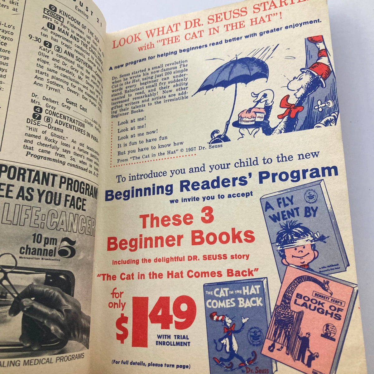 Advertisement page in TV Guide Magazine August 19, 1961, promoting Dr. Seuss's Beginning Readers' Program and related children's books.