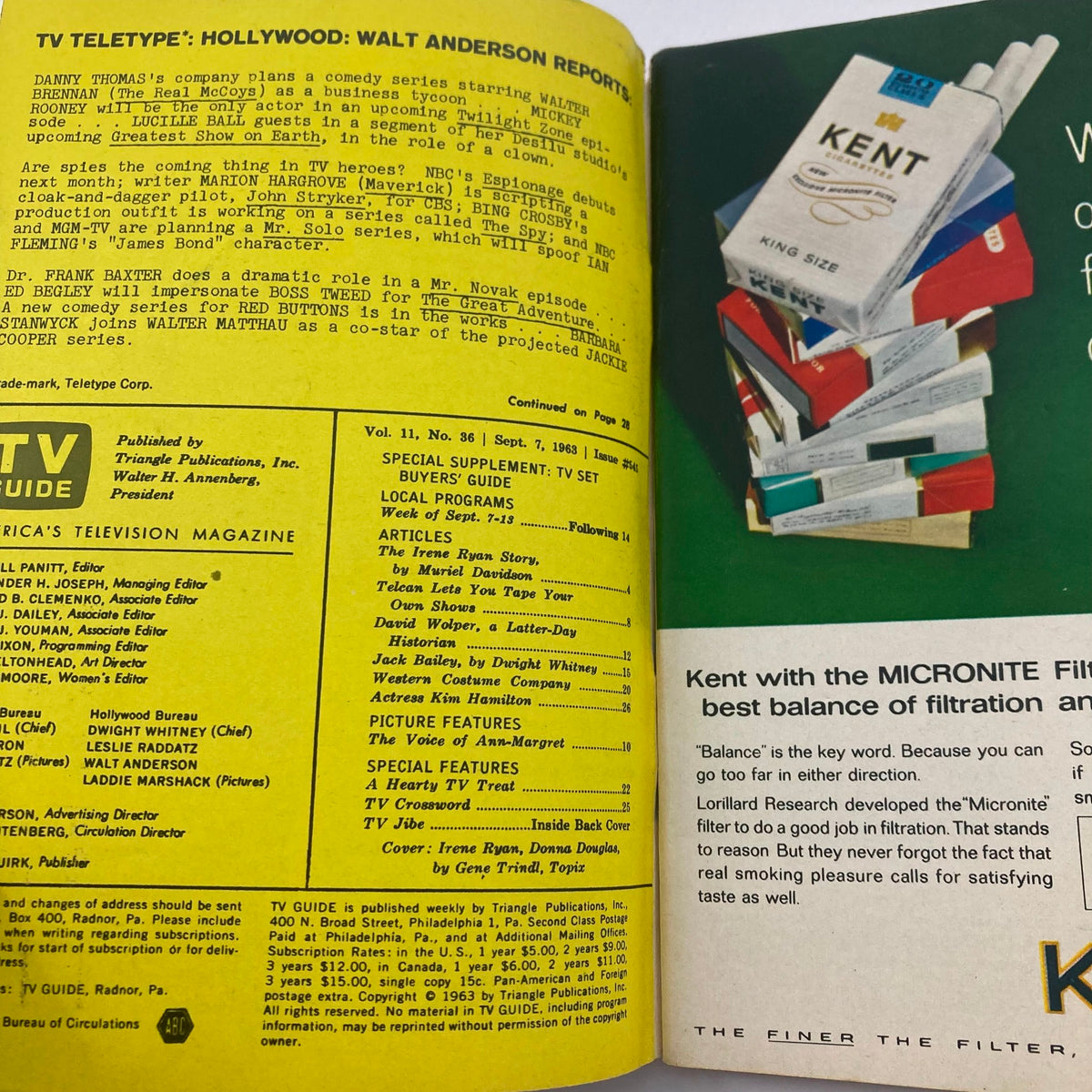Inside page of TV Guide Magazine September 7, 1963, highlighting TV programming details and articles, part of the collectible issue with Irene Ryan and Donna Douglas.
