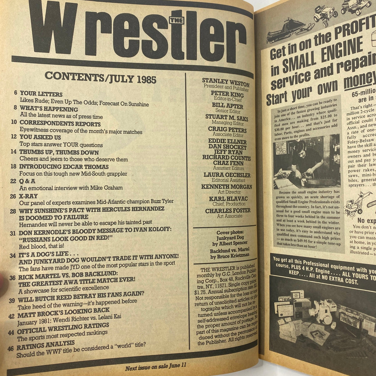 Vintage The Wrestler Magazine July 1985 featuring contents page highlighting articles on wrestling legends like Junkyard Dog and Don Kernodle, showcasing wrestling history and culture.