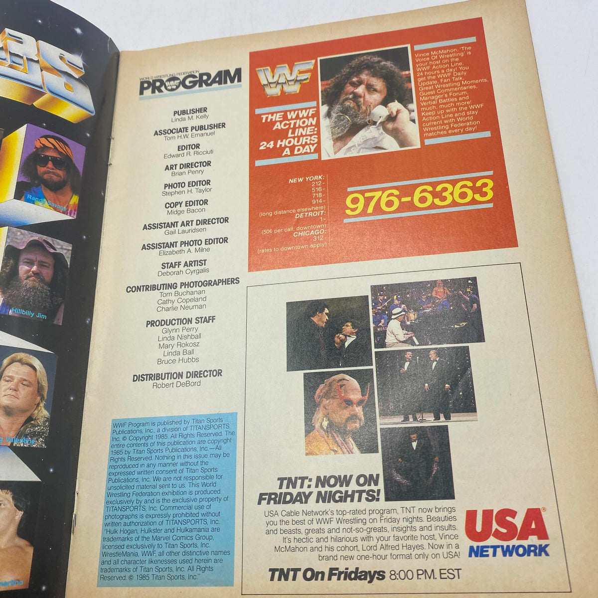 Inside page of WWF Program 1985 No. 132, displaying publication credits and an advertisement for WWF action line services.