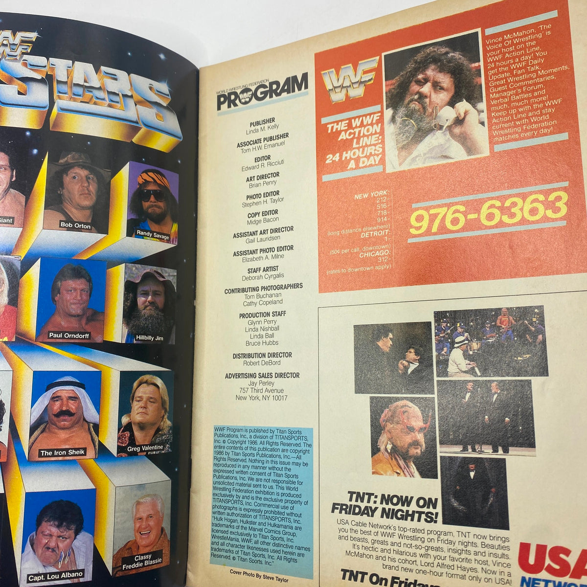 Inside page of VTG WWF Program 1986 Volume No. 134 showcasing the WWF stars, including notable wrestlers and program details, emphasizing its historical significance in wrestling culture.