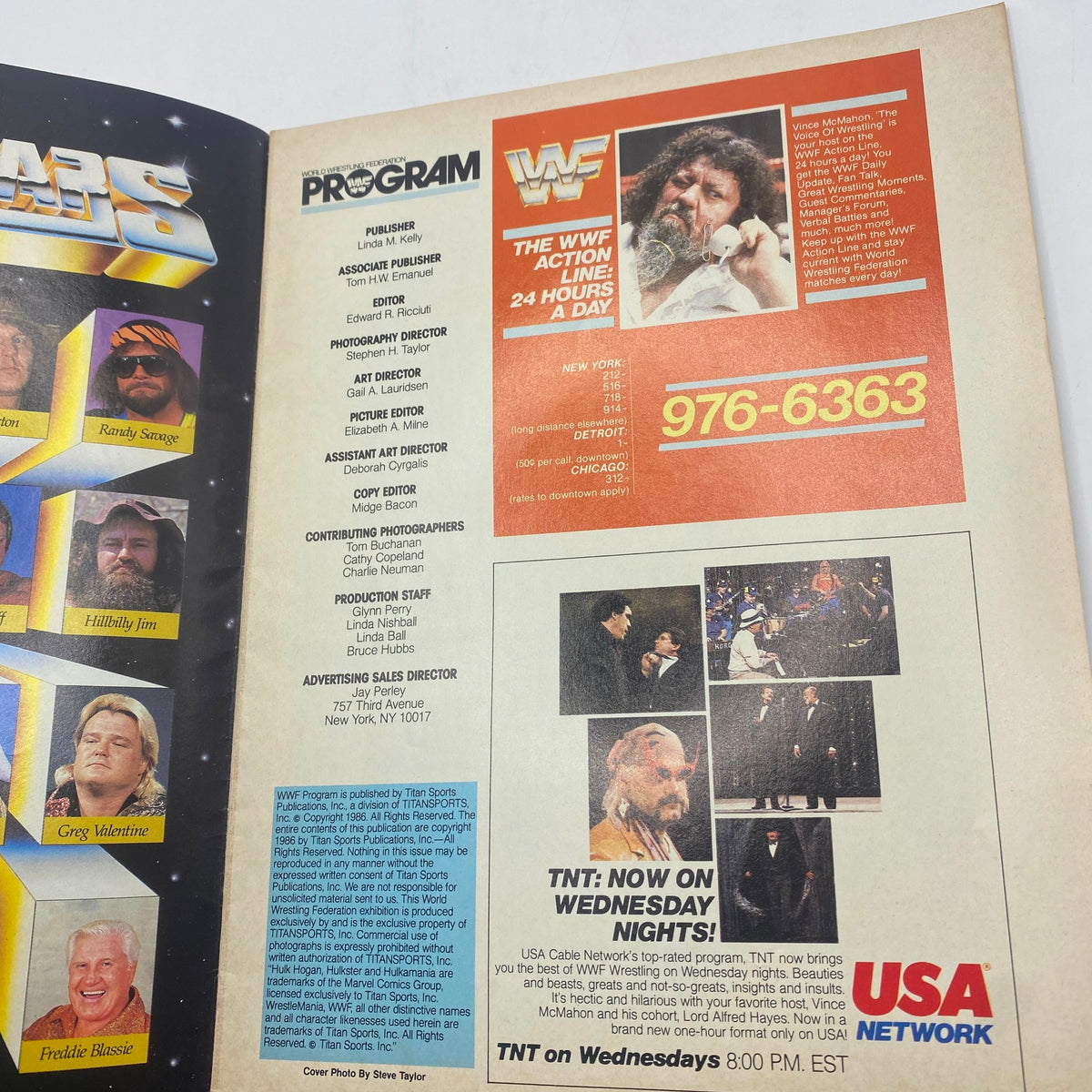 Inside layout of the VTG WWF Program 1986 Volume No. 136, showcasing publisher and staff information, alongside images of featured wrestlers, promoting WWF's action line.