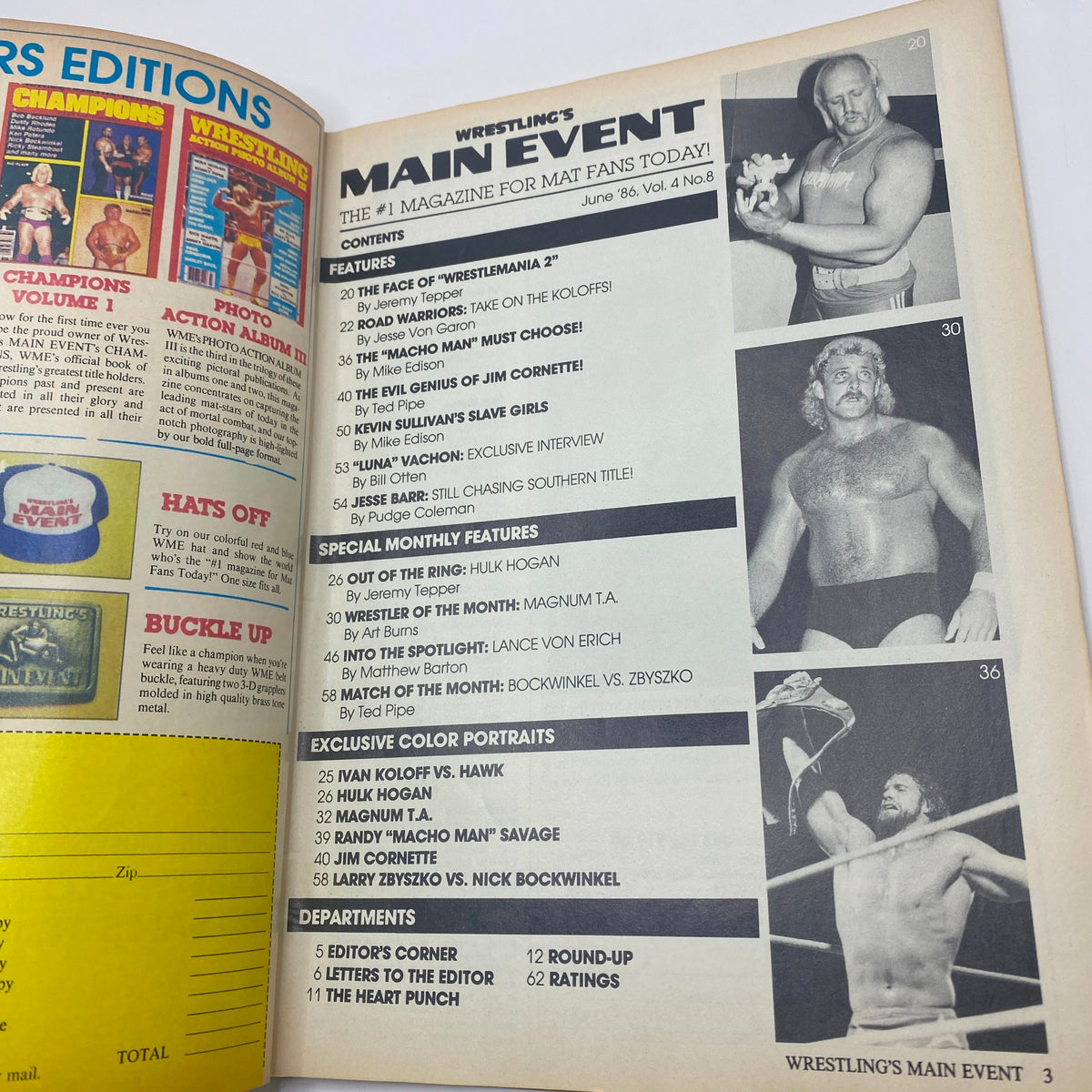 Interior page from VTG Wrestling's Main Event Magazine June 1986 showcasing the table of contents, including articles on Hulk Hogan, Magnum T.A., and more.