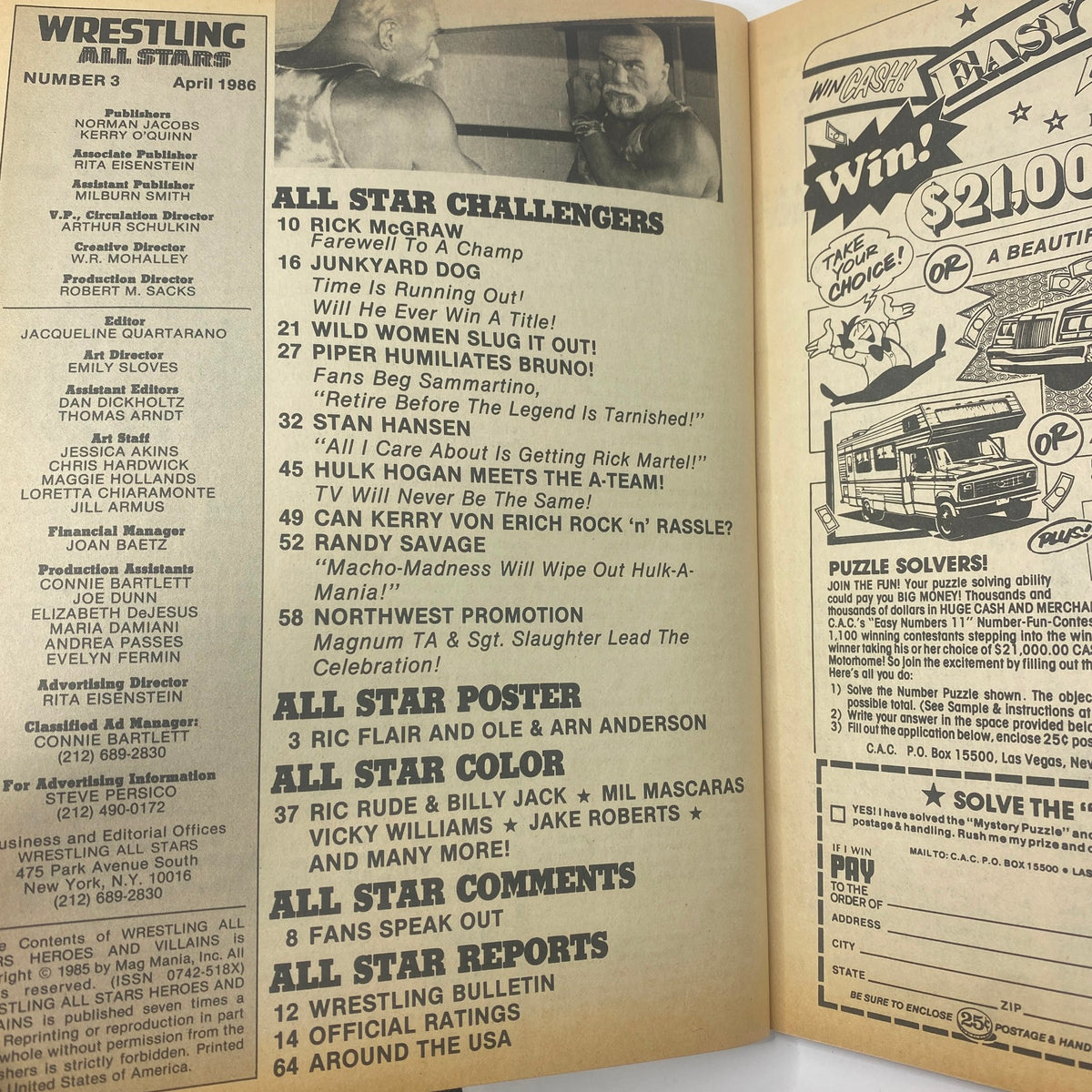 Inside pages of Wrestling All Stars Heroes & Villains April 1986 Vintage Magazine showcasing the contents, including articles about Junkyard Dog and other wrestling legends.