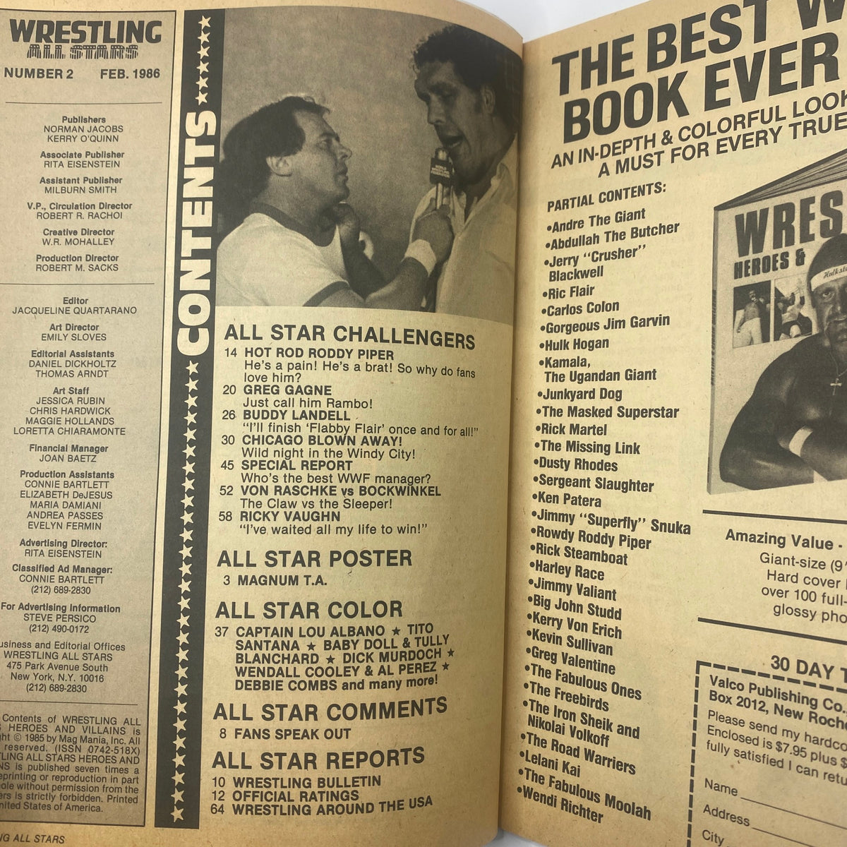 Vintage Wrestling All Stars Heroes & Villains February 1986 magazine interior showing the table of contents, featuring Roddy Piper and other wrestling legends, significant for collectors and fans of 1980s wrestling memorabilia.