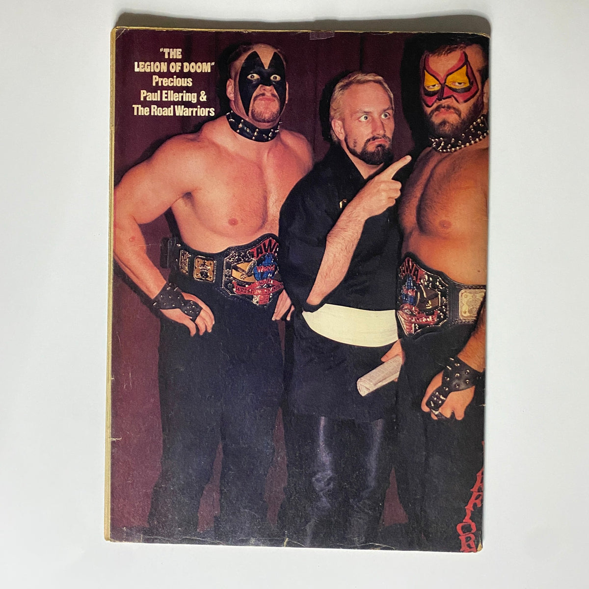 Back cover of Wrestling World Magazine November 1985 featuring The Legion of Doom with Paul Ellering, highlighting prominent wrestling figures from the era.