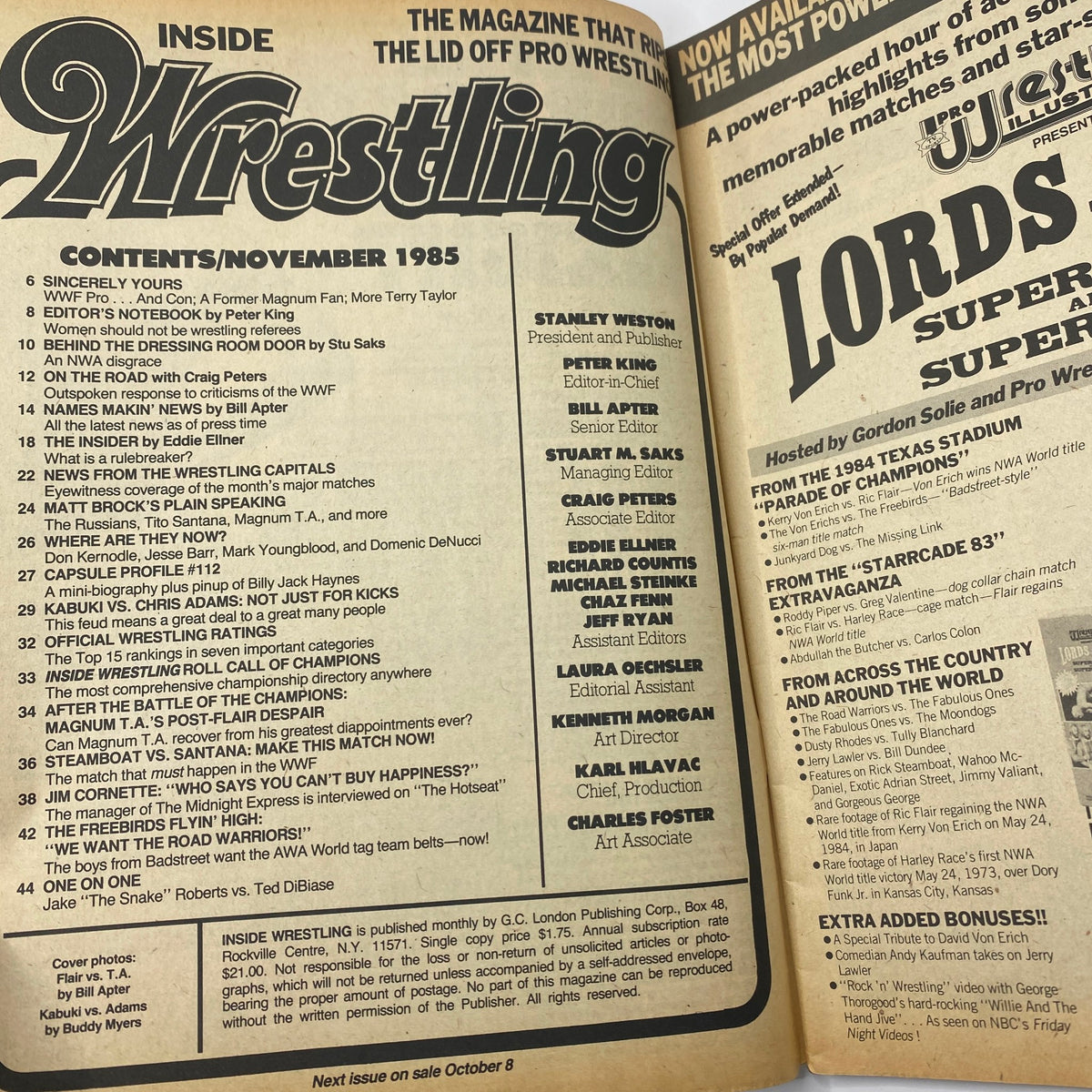 Contents page of Inside Wrestling Magazine November 1985 showcasing the articles and features, including 'Kabuki vs. Chris Adams: Not Just for Kicks'.