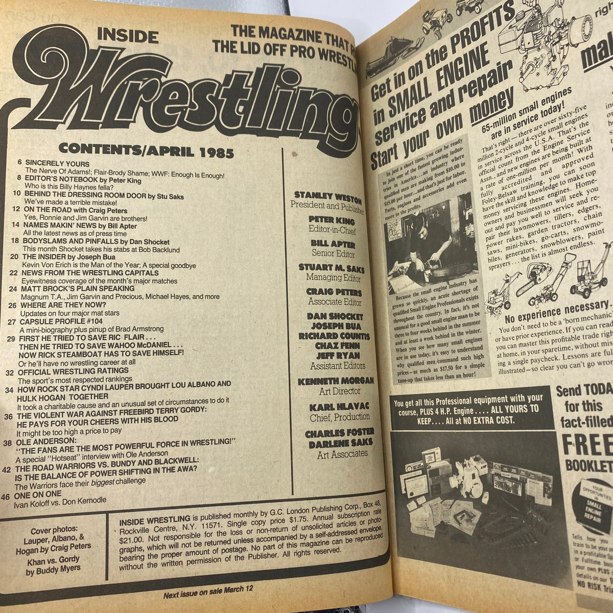 Contents page of Inside Wrestling Magazine April 1985 detailing articles and features on wrestling personalities and events.