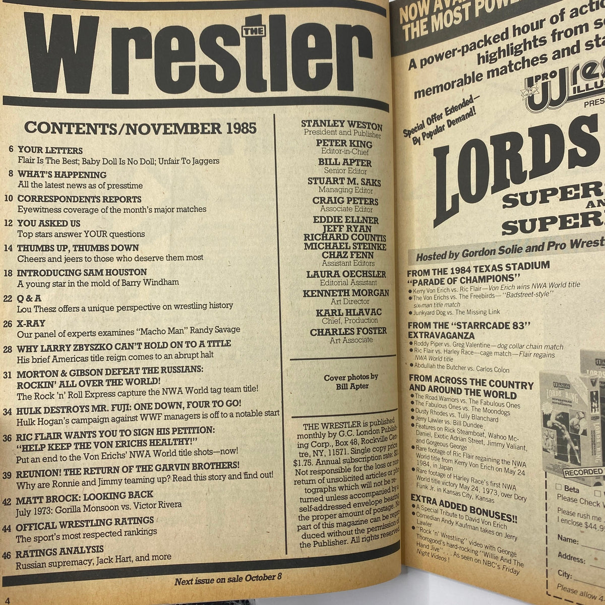 Interior page of VTG The Wrestler Magazine November 1985 showcasing the contents including articles on Hulk Hogan vs Mr. Fuji, wrestling legends and events from the era.