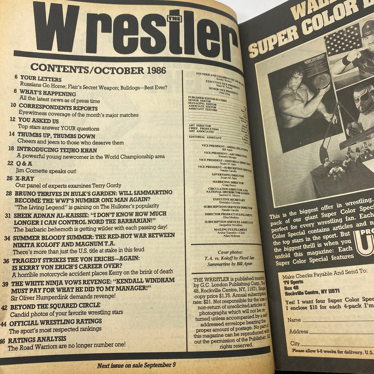 Table of contents from VTG The Wrestler Magazine October 1986 highlighting key articles and features related to wrestling.