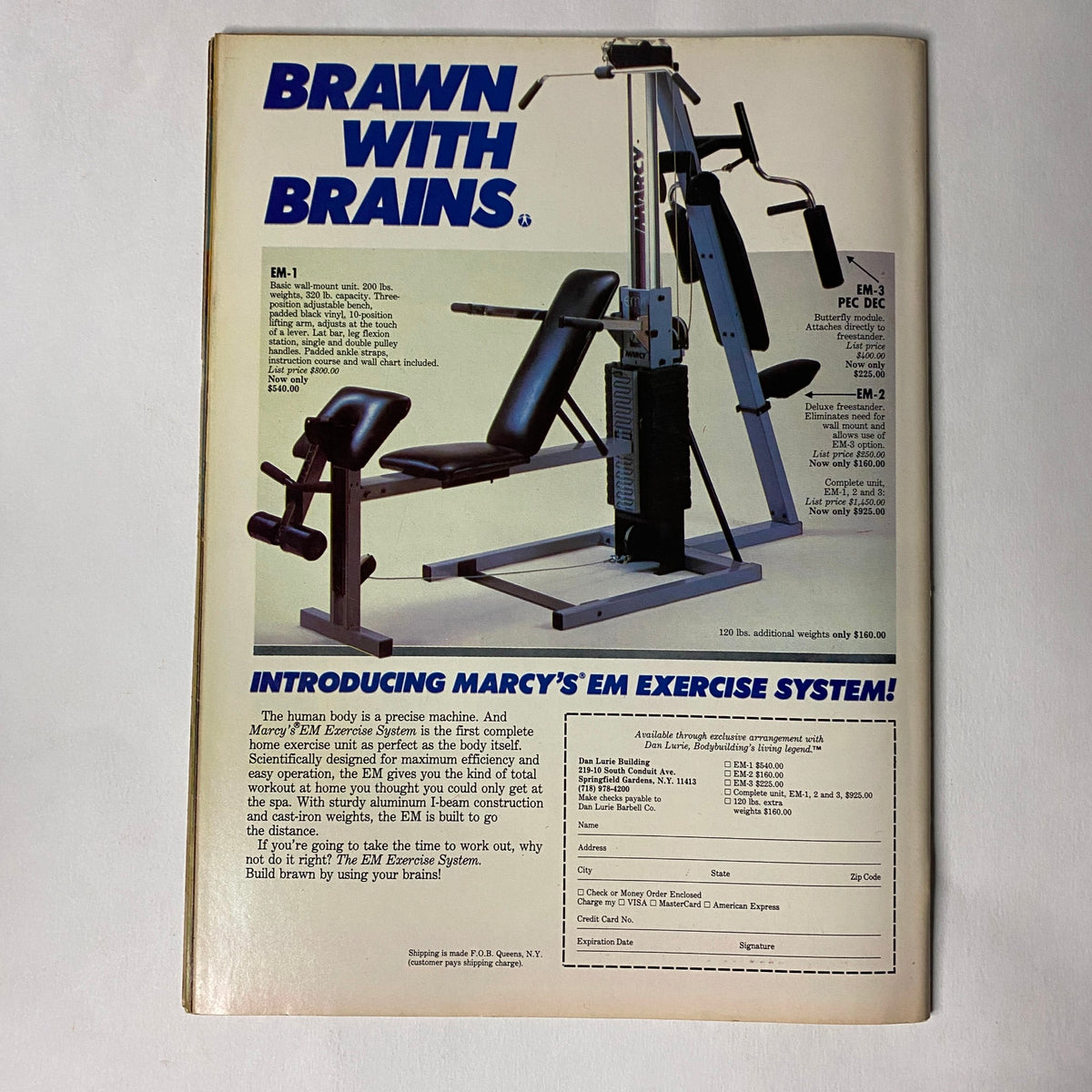 Advertisement for 'Brawn with Brains' featuring a sleek multi-use exercise machine, showcasing its features and benefits. Part of the Muscle Training Illustrated June 1986 issue titled 'Muscle Training Illustrated June 1986 Frank Scolaro Marsha Scolaro w Centerfold'.