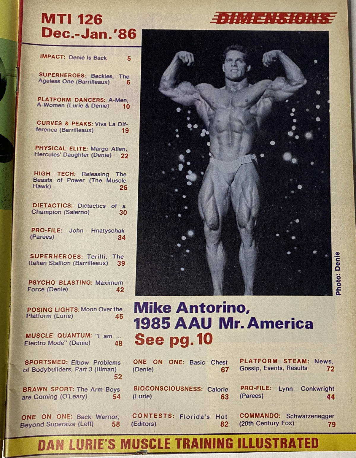 Page from Muscle Training Illustrated January 1986 featuring Mike Antorino, the 1985 AAU Mr. America, with content highlighting top athletes and training insights.