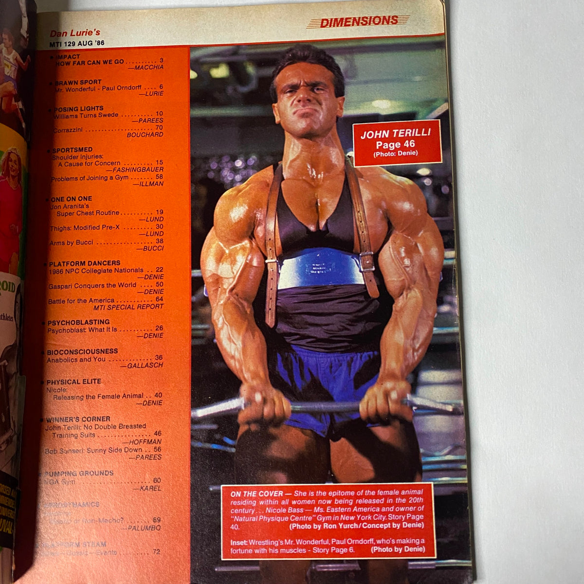 Muscle Training Illustrated August 1986 featuring John Terilli showcasing muscular physique and strength, with dimensions and page reference highlighted.