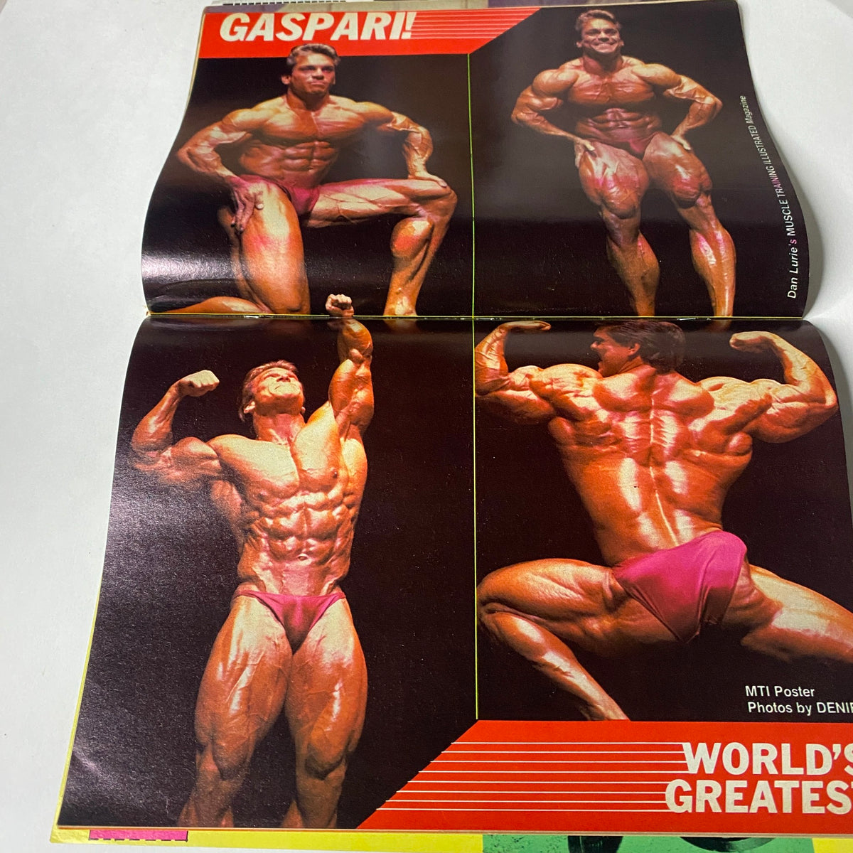 Muscle Training Illustrated August 1986, showcasing Gaspari posing in vibrant pink swimwear in a series of impressive bodybuilding poses.