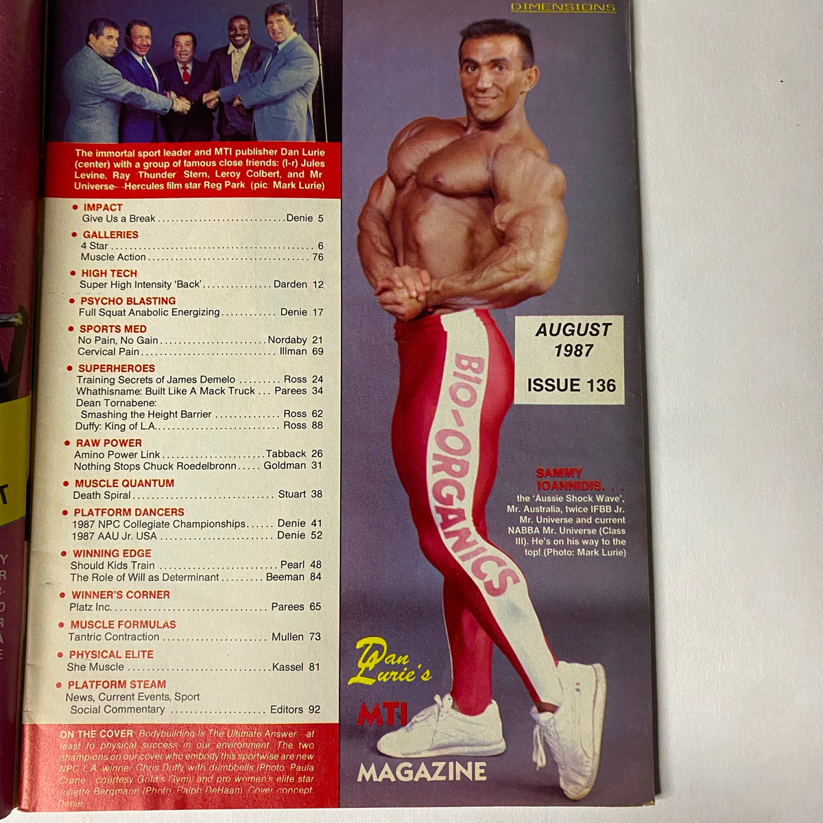Inside page of Muscle Training Illustrated August 1987 No. 136 showcasing Chris Duffy in a dynamic bodybuilding pose alongside a list of articles and features. The title 'Muscle Training Illustrated August 1987 No. 136 Chris Duffy w Centerfold' noted at the top.