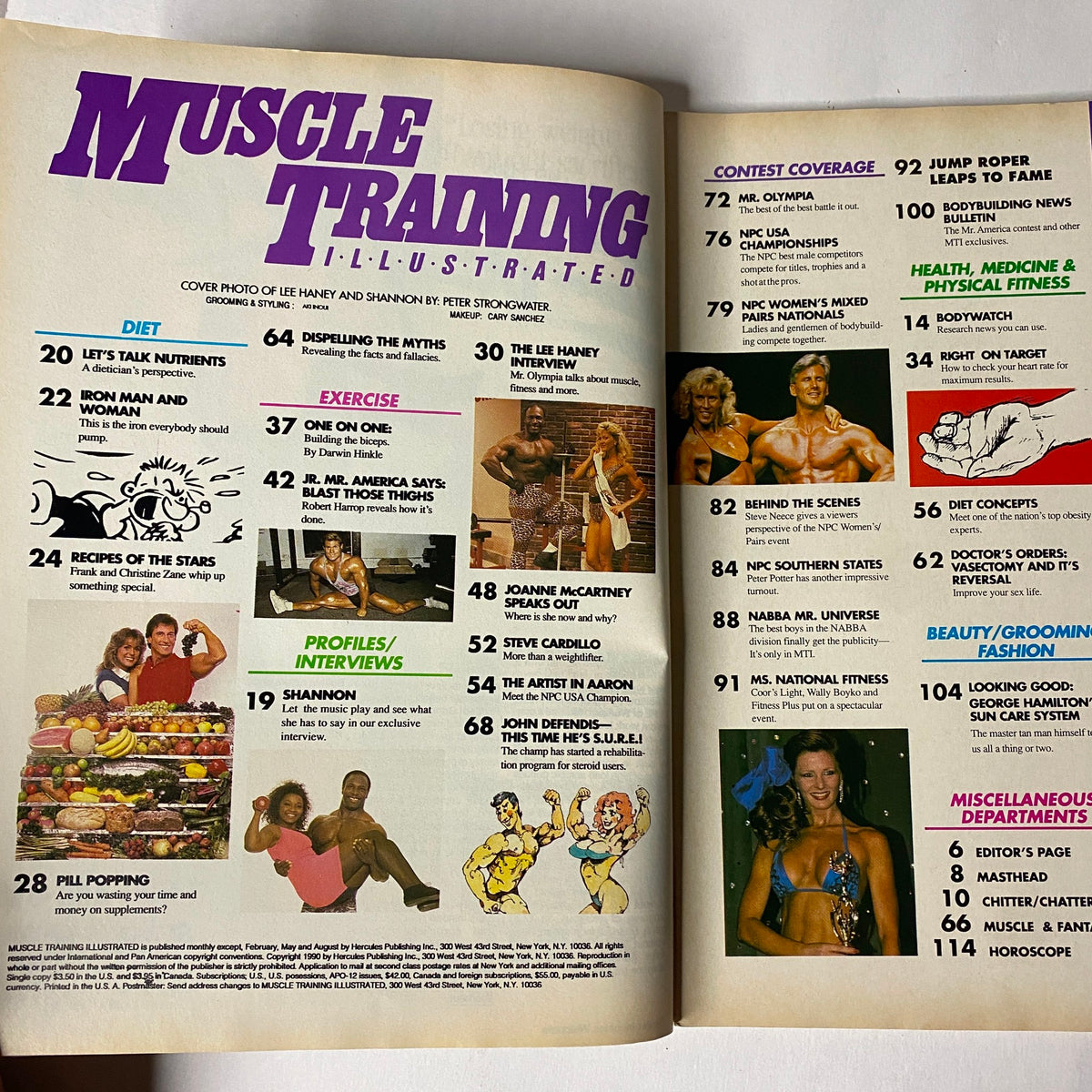Table of contents from Muscle Training Illustrated, January 1991, No. 163 outlining articles on diet, exercise, and exclusive profiles including Lee Haney.