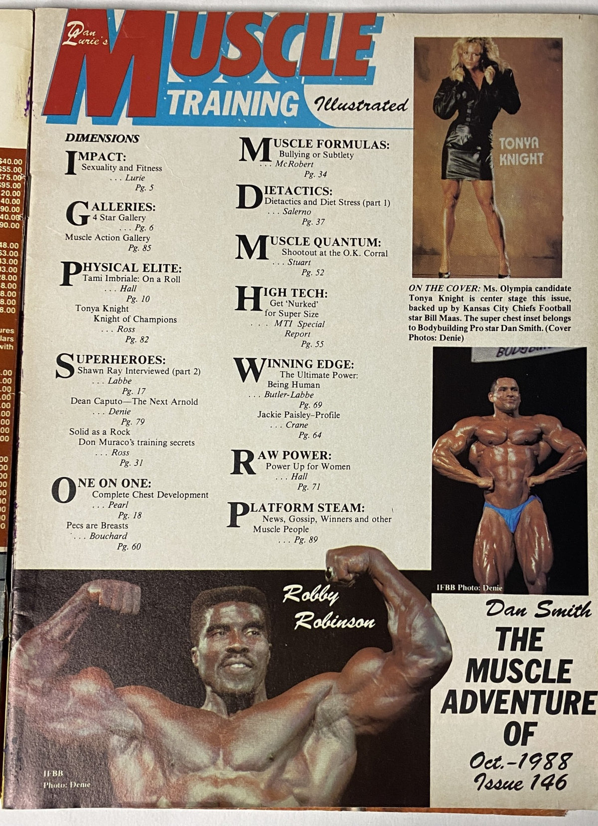 Inside page of Muscle Training Illustrated, October 1988, listing article topics including interviews and training tips with prominent figures like Shawn Ray and Robby Robinson.