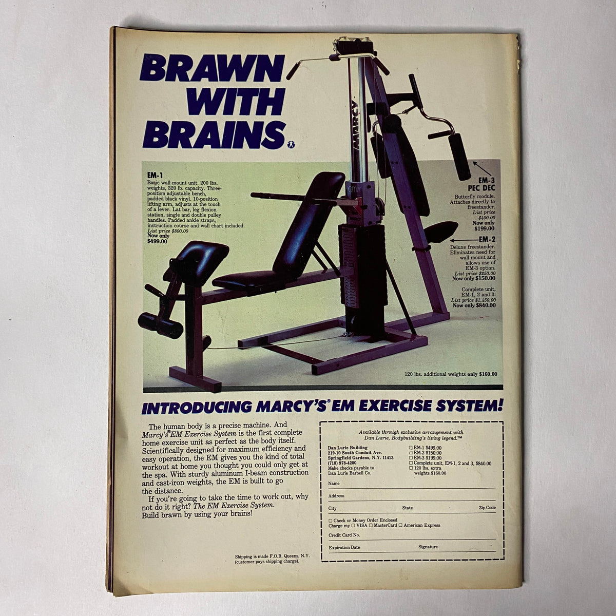 Advertisement from Muscle Training Illustrated September 1987 promoting Marcy's EM exercise system with details about workout equipment.