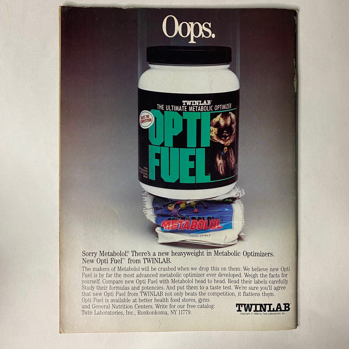 Muscle Training Illustrated July 1988 magazine featuring an advertisement for OPTI FUEL, a metabolic optimizer by TWINLAB, highlighting its benefits and features. This ad appears in a magazine associated with Sylvester Stallone, promoting fitness and bodybuilding culture.