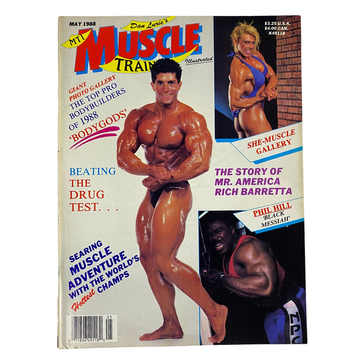 Cover of Muscle Training Illustrated May 1988 featuring Richard Barretta, Phil Hill, and Dorothy Herndon. Highlights include bodybuilding themes and a focus on Mr. America.
